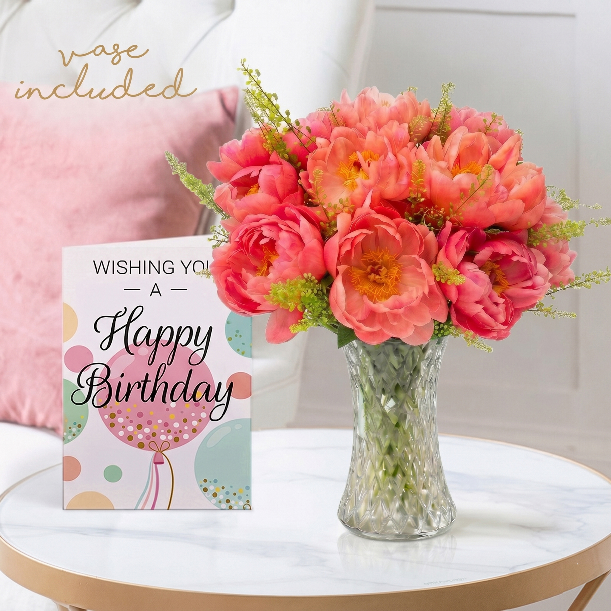 Pink Peonies, Vase & Birthday Card | Send Sunshine to Their Door | Summer Flowers | Next Day Flower Delivery UK - Blossoming Gifts