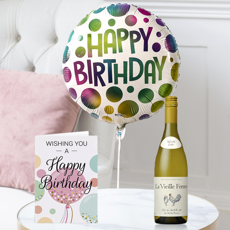 Happy Birthday Spotted Balloon, Rosé Chicken Wine & Happy Birthday Card - Next Day Flower & Gift Delivery UK - Blossoming Gifts
