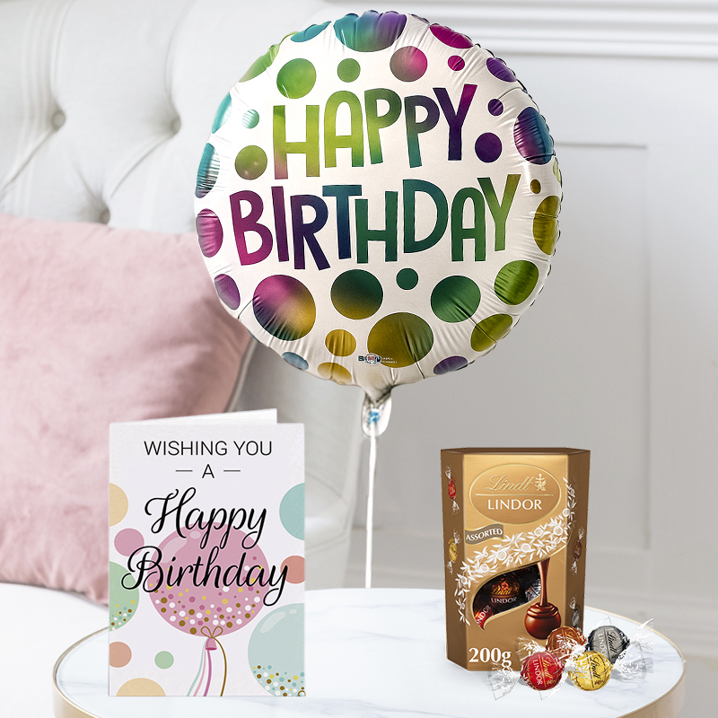 Happy Birthday Spotted Balloon, Lindor Truffles & Happy Birthday Card - Next Day Flower & Gift Delivery UK - Blossoming Gifts
