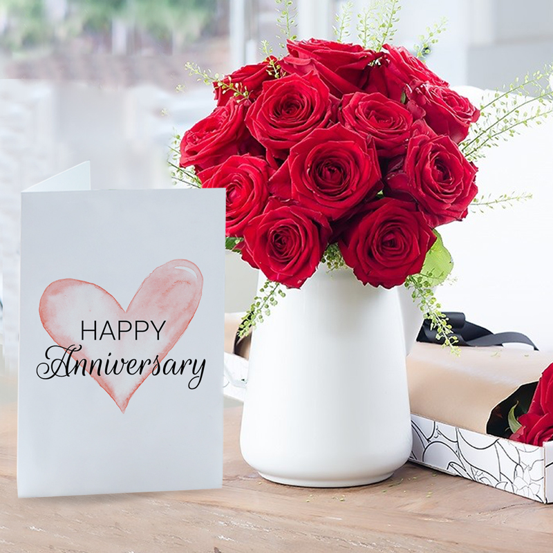 Anniversary Flower Bouquet Gift Set - 12 Red Roses & Anniversary Card - Thalaspi - Next Day Flower & Gift Delivery UK - Blossoming Gifts