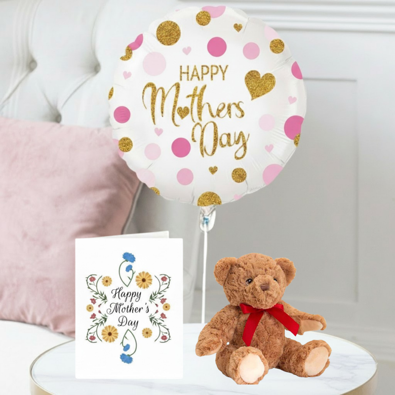 Mother's Day Balloon, Teddy Bear with Red Ribbon & Mother's Day Card image