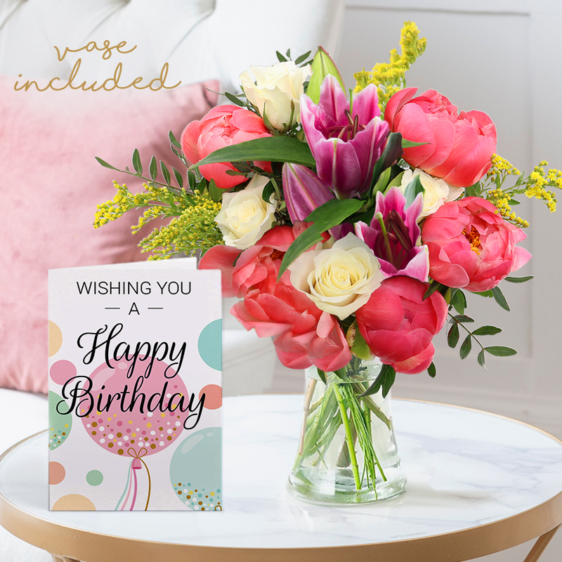 Birthday Flower Bouquet Gift Set - Peony, Rose & Lily, Vase & Birthday Card - Cream & Green Eucalyptus & Lilies - Next Day Flower & Gift Delivery UK -