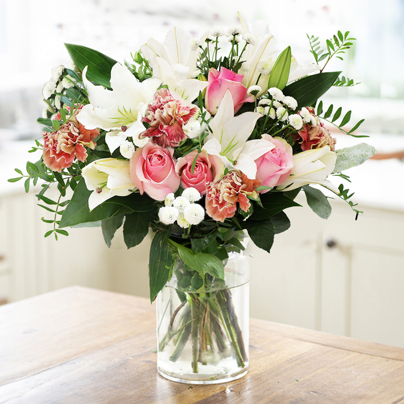 Pink Roses & White Lilies with Green Foliage | Beautiful Flowers from £18.99 | Next Day Flower Delivery UK - Blossoming Gifts