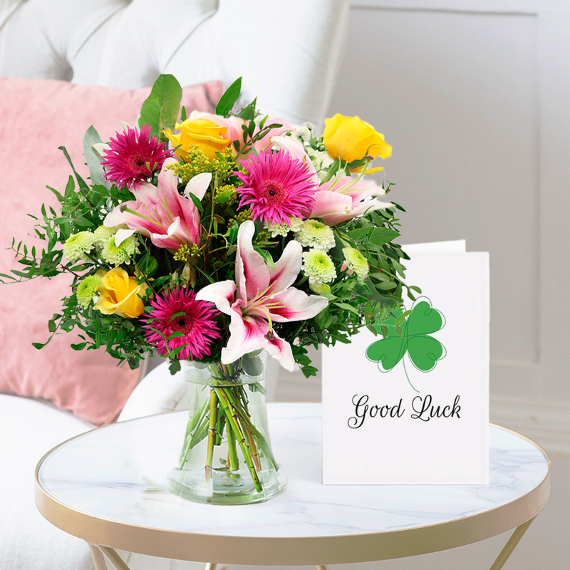 Good Luck Flower Bouquet Gift Set - Radiant Glow, Vase & Good Luck Card - Green & Pink Lilies & Roses - Next Day Flower & Gift Delivery UK -