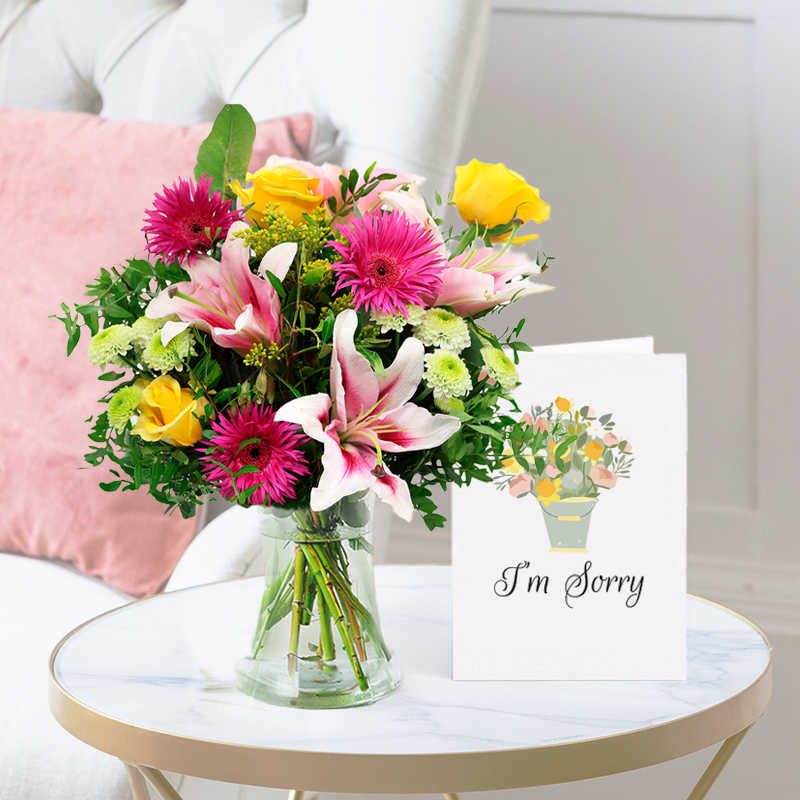 I'm Sorry Flower Bouquet Gift Set - Radiant Glow, Vase & I'm Sorry Card - Green & Pink Lilies & Roses - Next Day Flower & Gift Delivery UK -