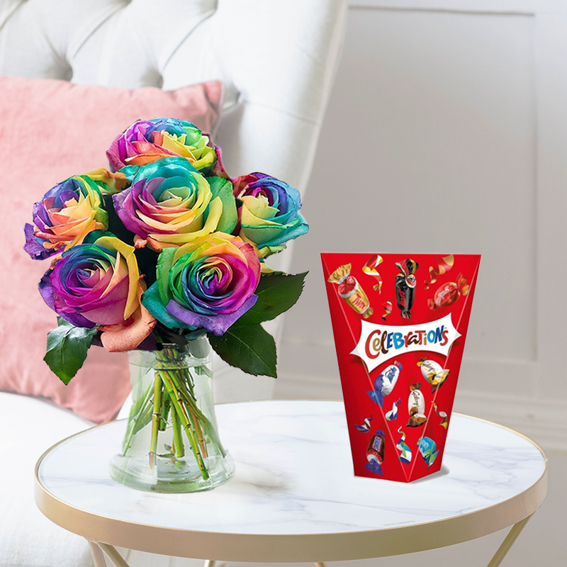 Flowers & Chocolates Gift Set - Rainbow Roses & Celebrations - Roses - Next Day Flower & Gift Delivery UK - Blossoming Gifts