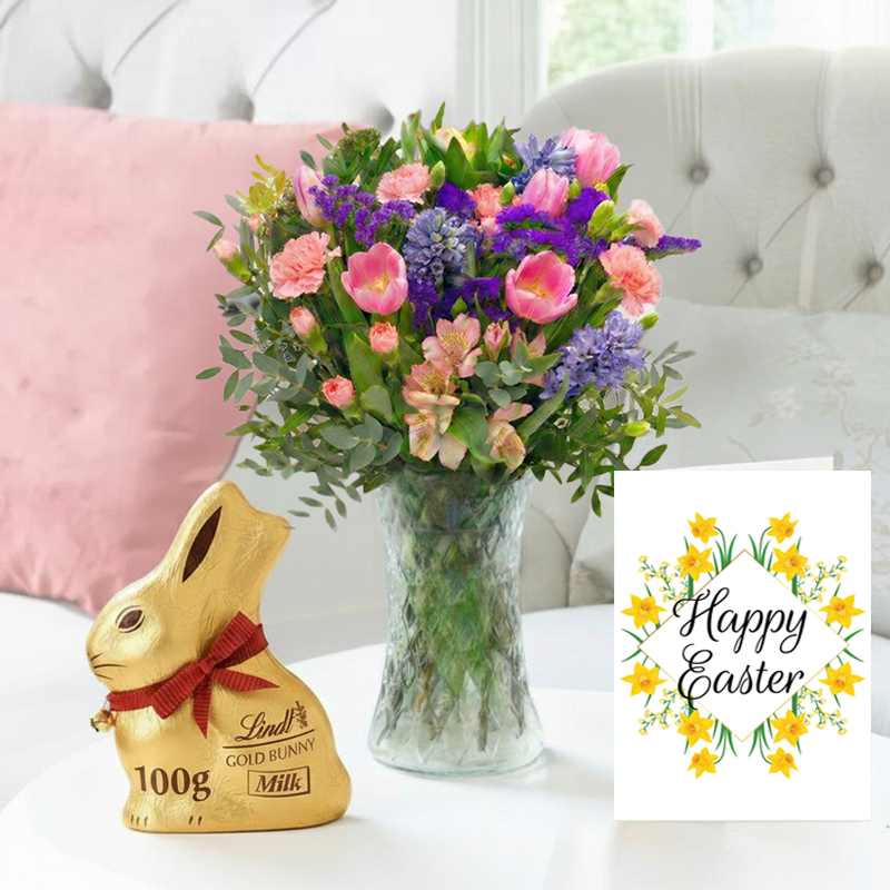 Flower Bouquet Gift Set - Shades of Spring, Lindt Milk Chocolate Gold Bunny & Easter Card - Blue & Pink Alstroemeria & Carnations - Next Day Flower &