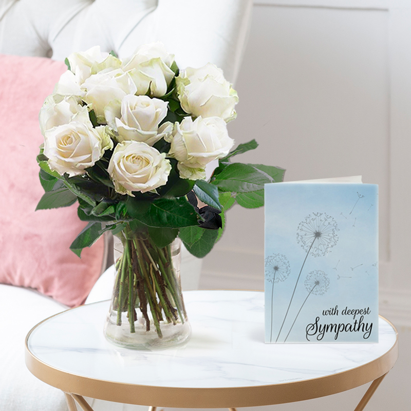 Sympathy Flower Bouquet Gift Set - 12 Simply White Roses & Sympathy Card - Roses - Next Day Flower & Gift Delivery UK - Blossoming Gifts