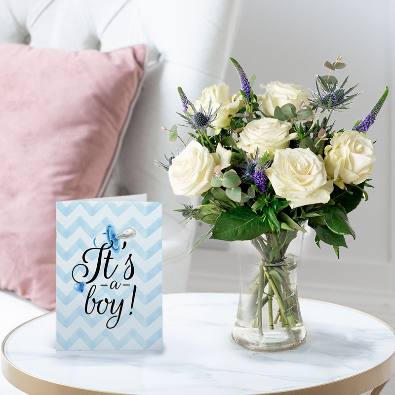 New Baby Flower Bouquet Gift Set - Belle & New Baby Boy Card - Blue & Cream Agapanthus & Lilies - Next Day Flower & Gift Delivery UK - Blossoming
