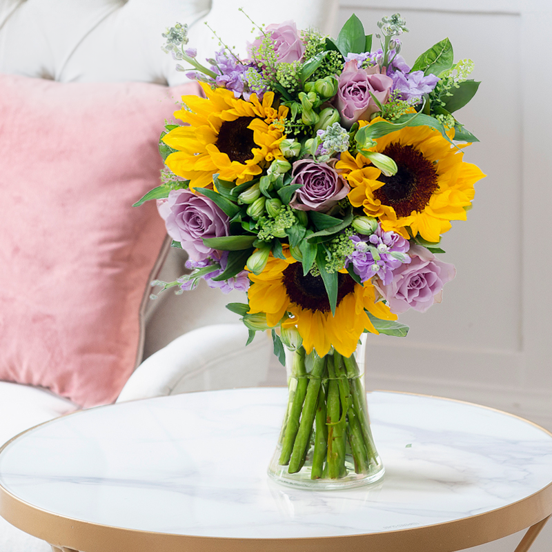 Sunflower & Rose Bouquet & Vase | Send Sunshine to Their Door | Summer Flowers | Next Day Flower Delivery UK - Blossoming Gifts