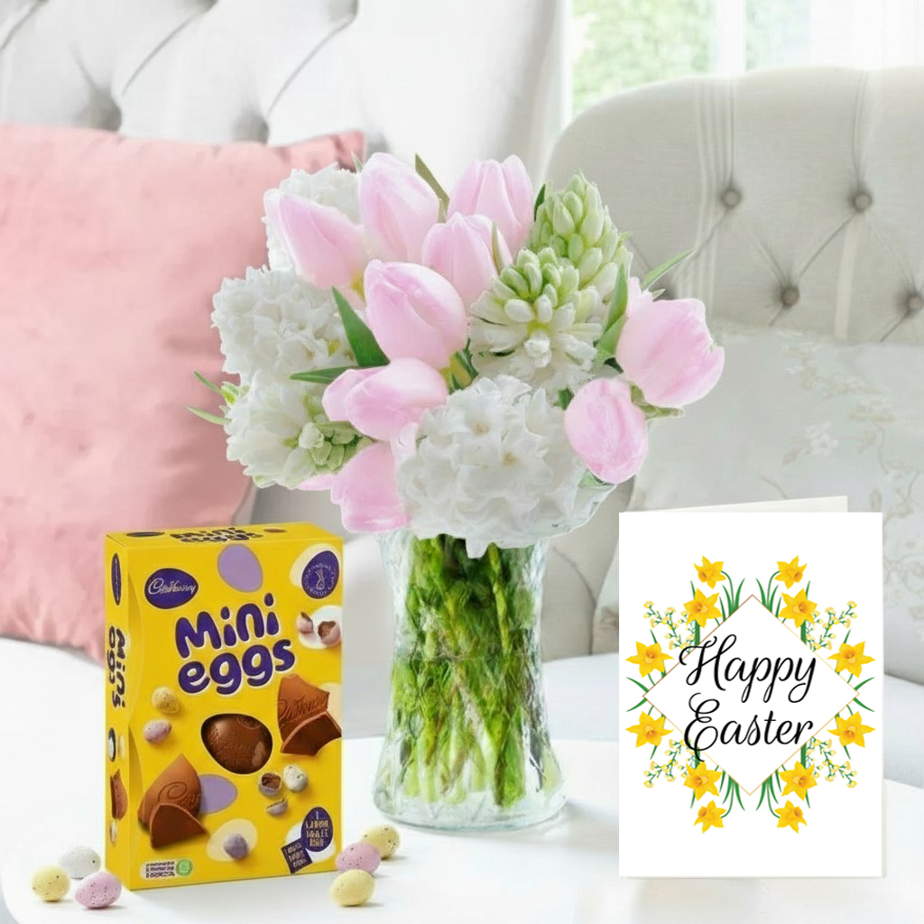 Flower Bouquet Gift Set - Tulips & Hyacinths, Cadbury Mini Eggs Chocolate Easter Egg & Easter Card - Cream & Pink Hyacinth & Hyacinths - Next Day
