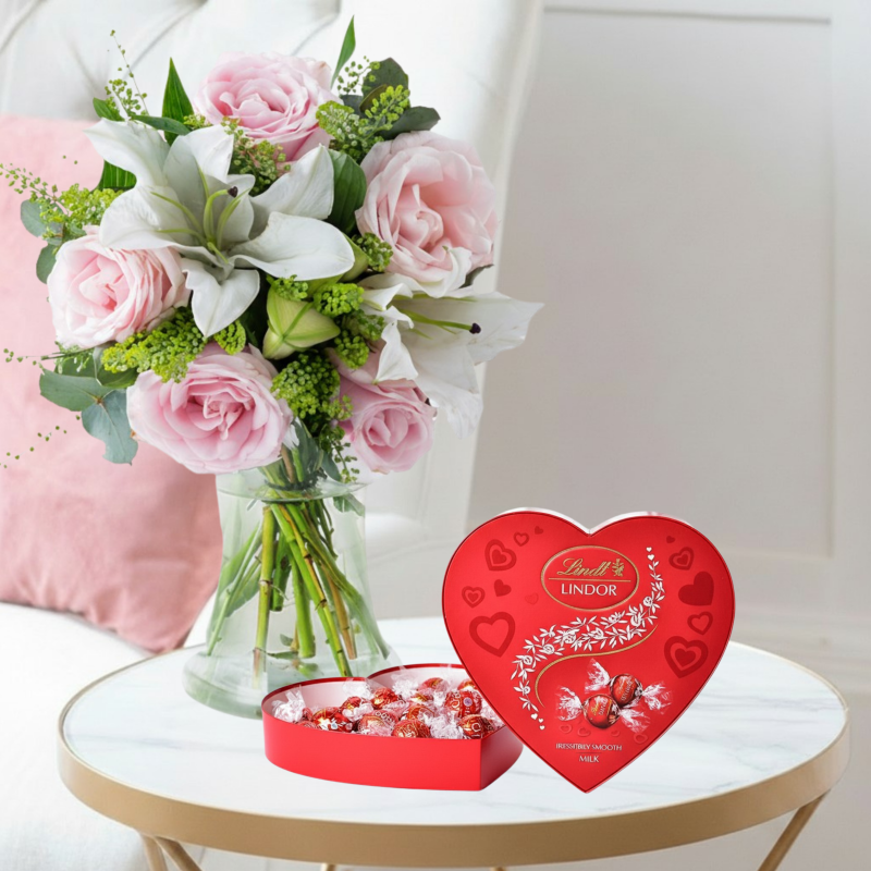 Blush Pink Rose & Lily & Lindor Heart Chocolates| Valentines Gifts | Flowers Delivery - Blossoming Gifts